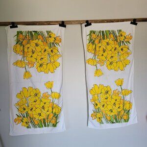 Vintage Vera Neumann Bath Towels - Peony (2) Yellow Floral Cotton U.S.A.
